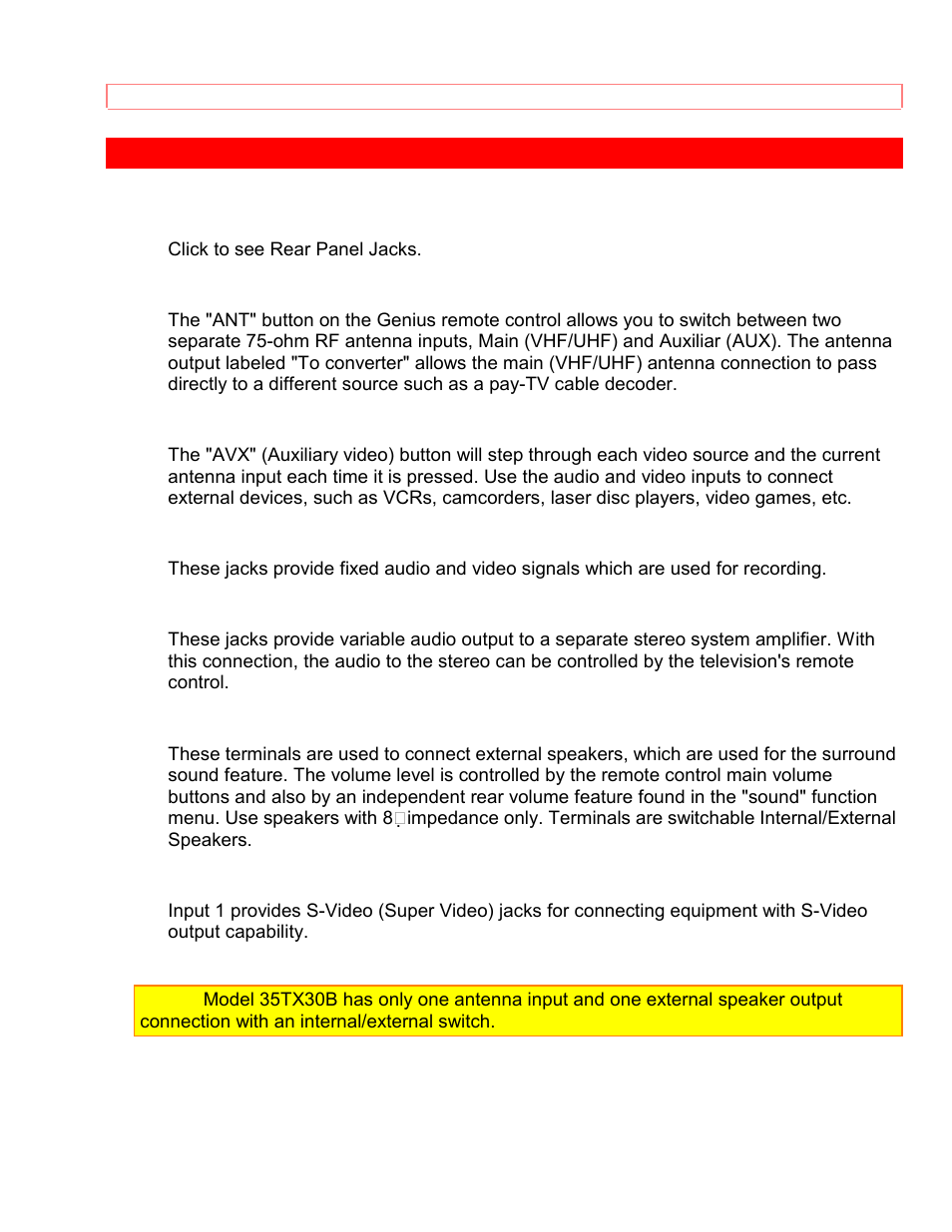 Rear panel jacks | Hitachi 35TX59K User Manual | Page 18 / 58
