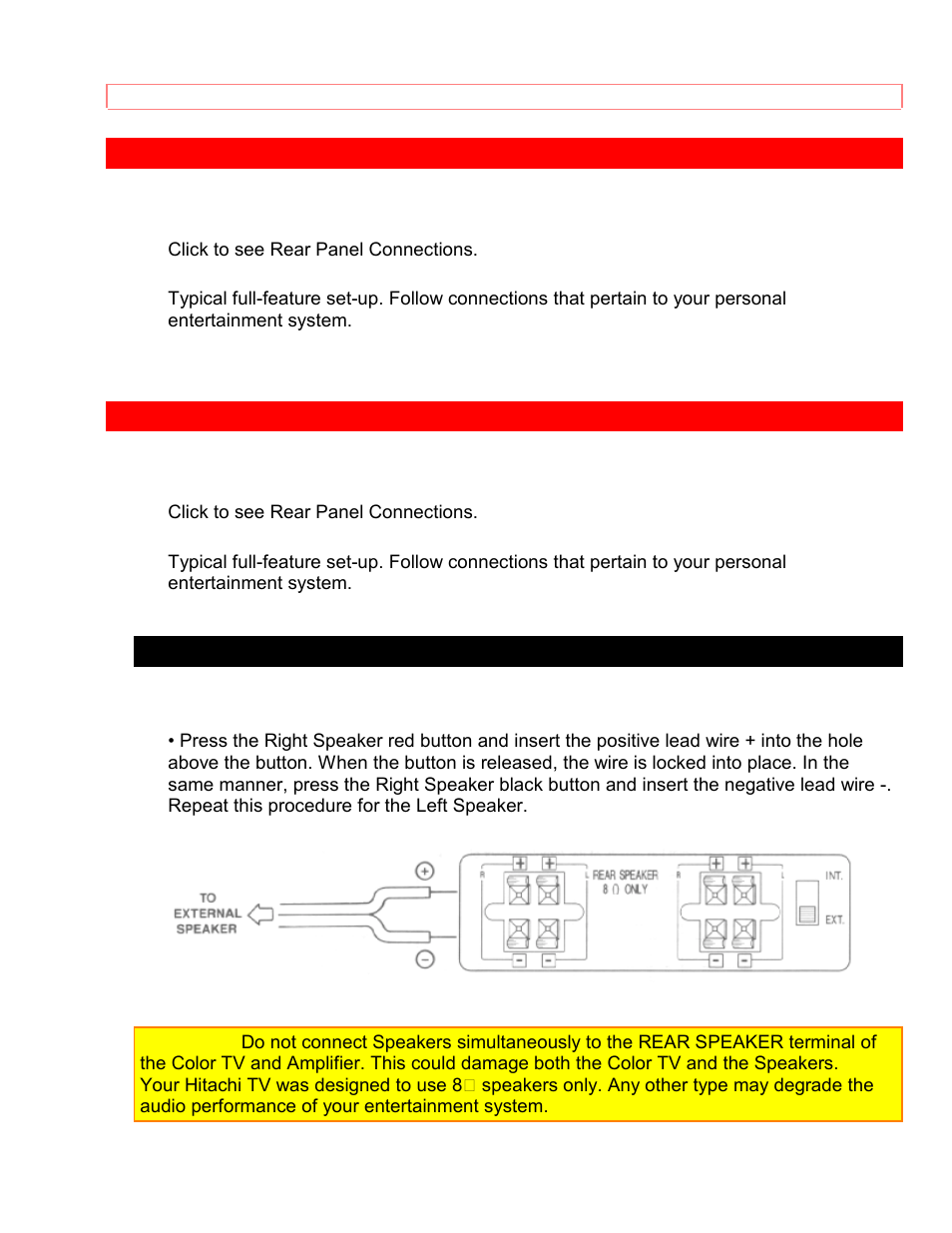 Connecting to the rear speaker terminals | Hitachi 35TX59K User Manual | Page 19 / 58