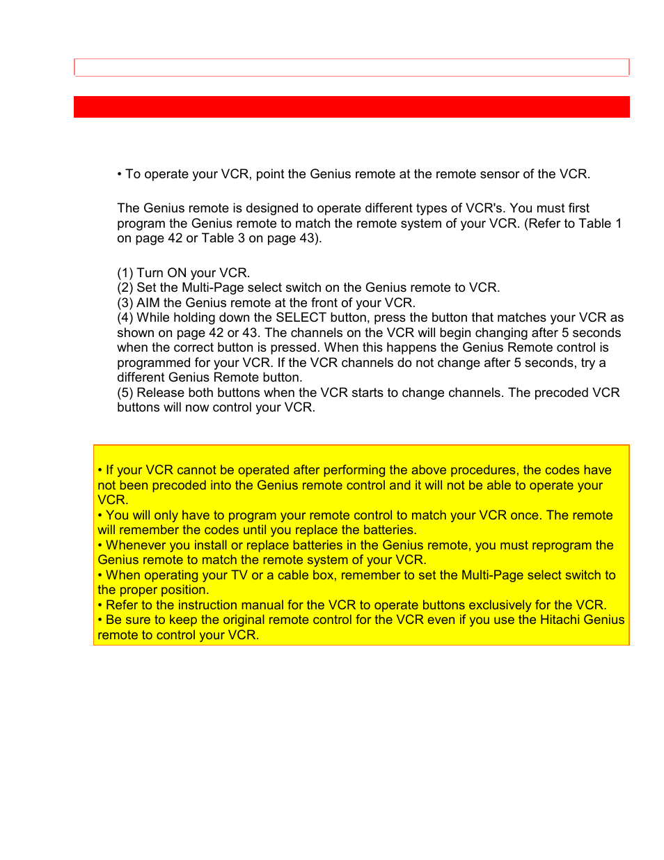 Using the genius remote to control vcr functions | Hitachi 35TX59K User Manual | Page 44 / 58