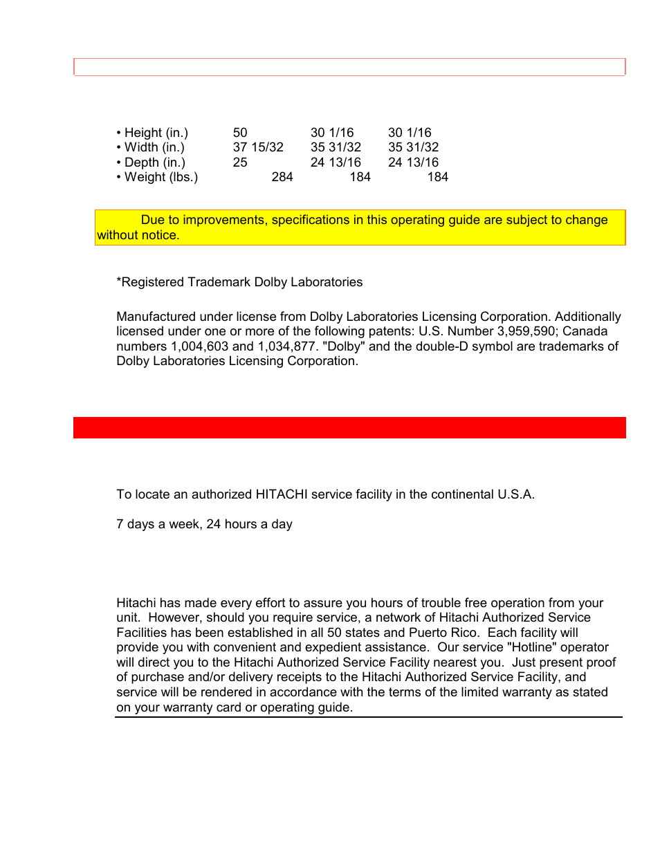 Hitachi service hotline | Hitachi 35TX59K User Manual | Page 57 / 58