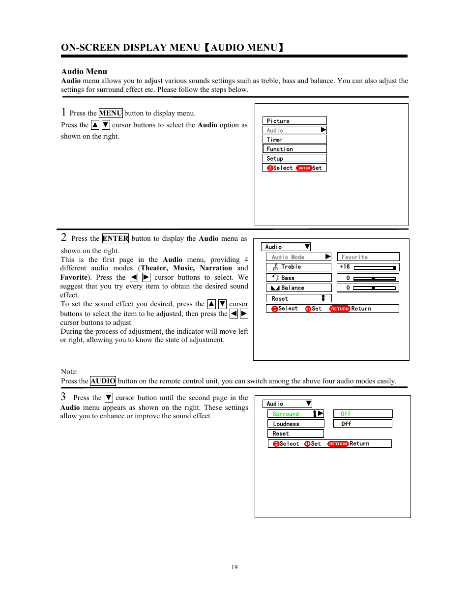 On-screen display menu ǐ audio menu ǐ | Hitachi C43-FL9000 User Manual | Page 19 / 54