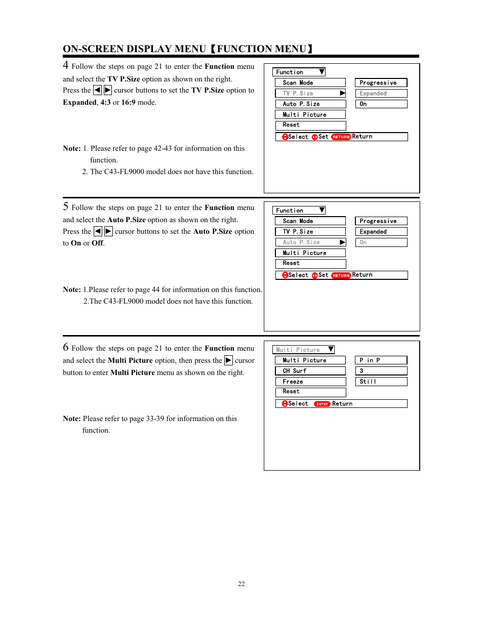 On-screen display menu ǐ function menu ǐ | Hitachi C43-FL9000 User Manual | Page 22 / 54