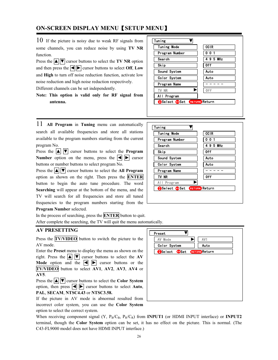 On-screen display menu ǐ setup menu ǐ | Hitachi C43-FL9000 User Manual | Page 26 / 54