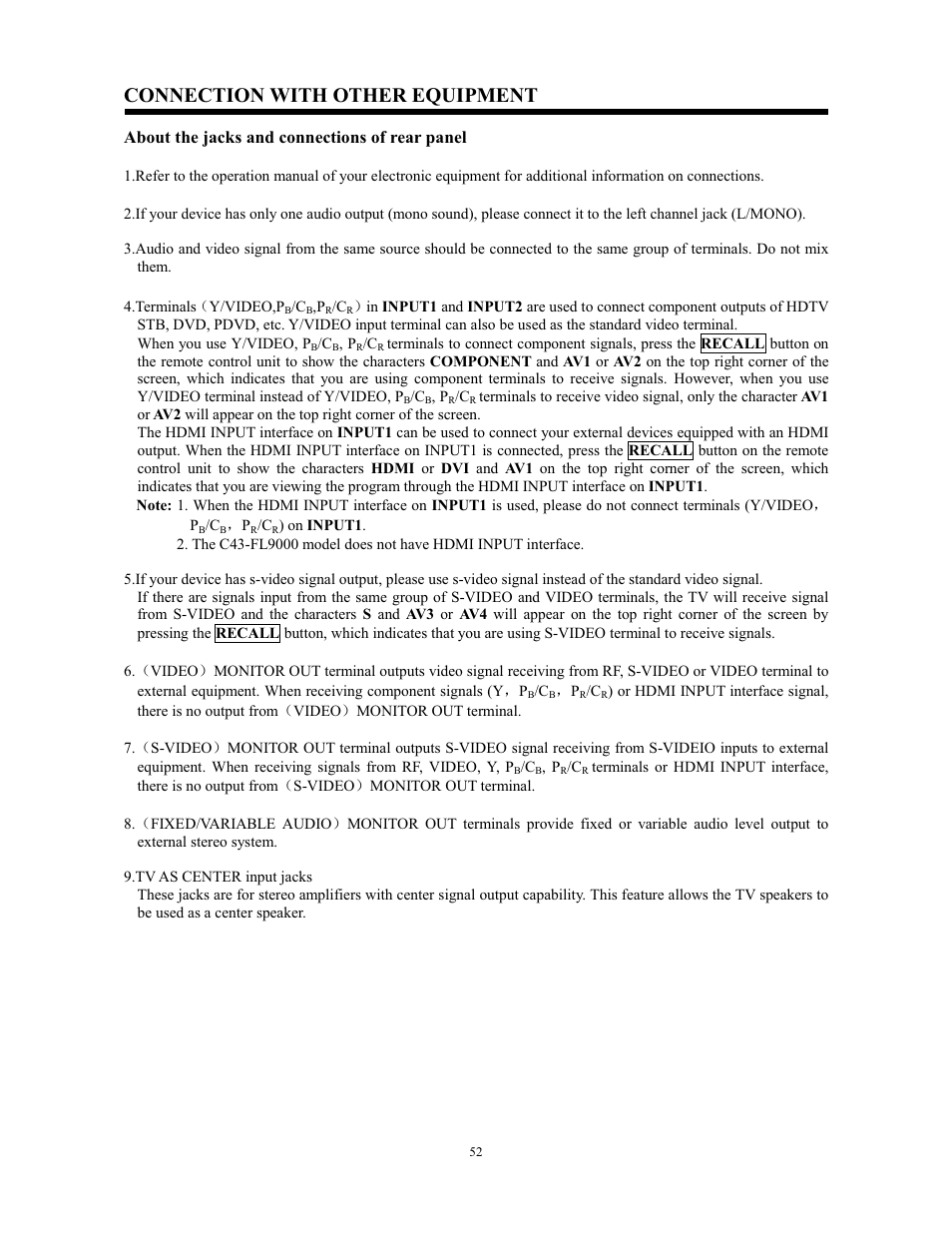 Connection with other equipment | Hitachi C43-FL9000 User Manual | Page 52 / 54