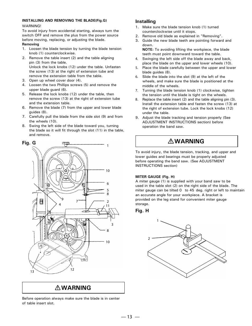 Warning, Fig. g, Installing | Fig. h | Hitachi CB 13F User Manual | Page 13 / 28