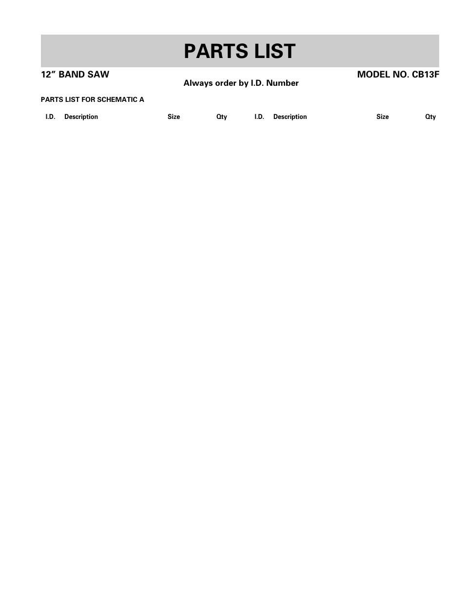 Parts list, 12” band saw model no. cb13f | Hitachi CB 13F User Manual | Page 23 / 28