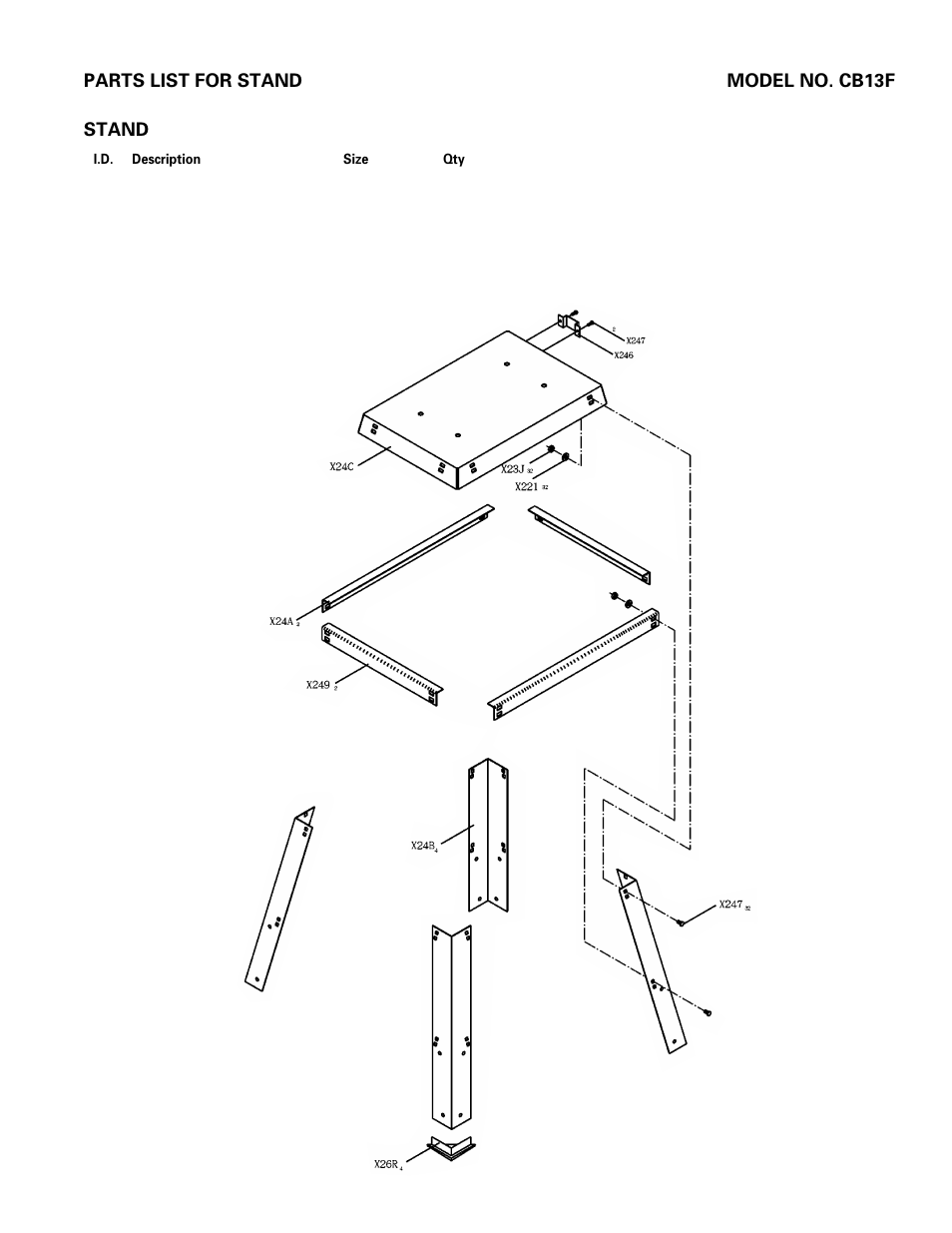 27 — parts list for stand model no. cb13f stand | Hitachi CB 13F User Manual | Page 27 / 28