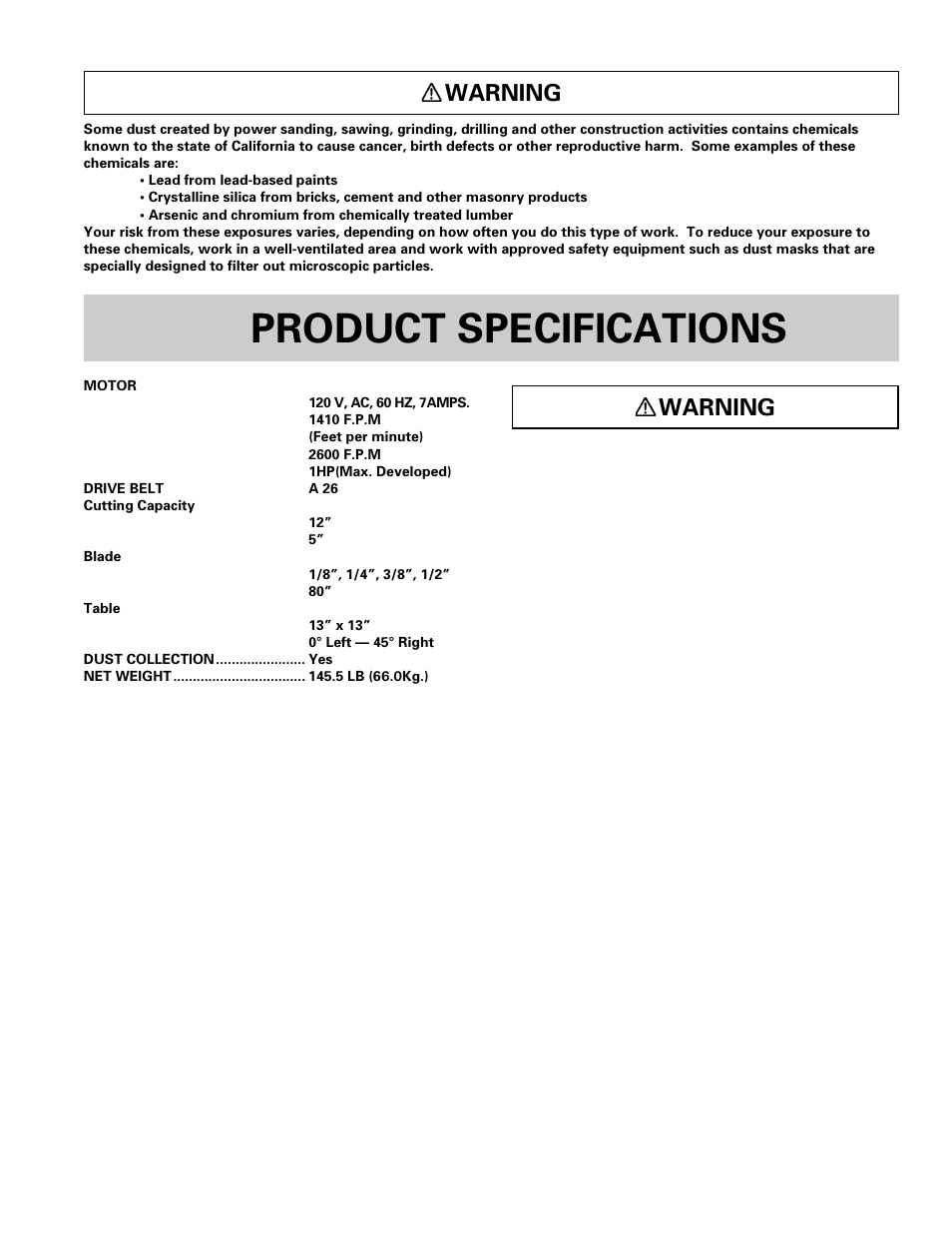 Product specifications, Warning | Hitachi CB 13F User Manual | Page 3 / 28