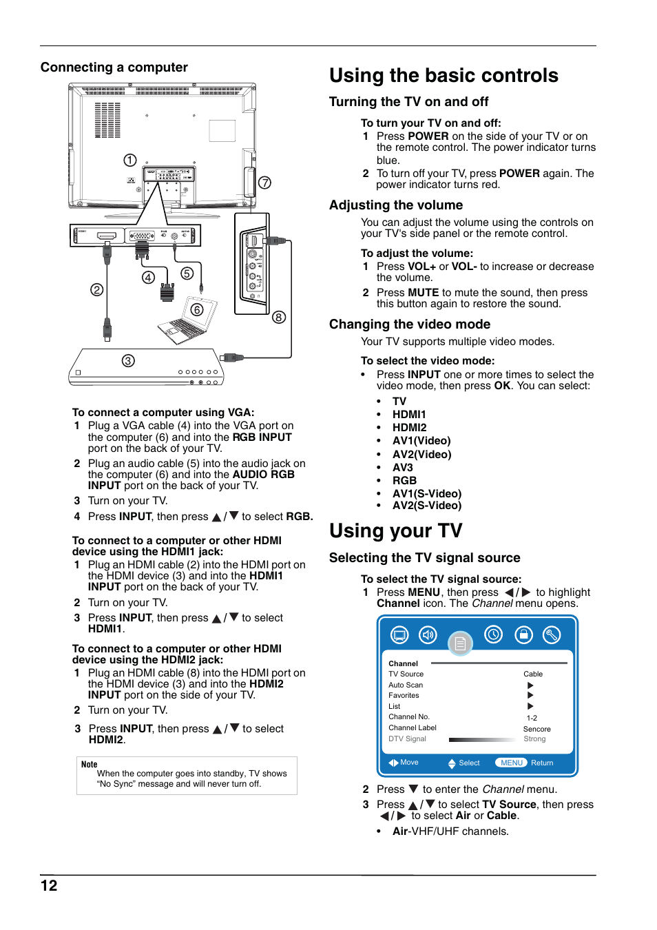 Using the basic controls, Using your tv, Connecting a computer | Turning the tv on and off, Adjusting the volume, Changing the video mode, Selecting the tv signal source | Hitachi L32A102 User Manual | Page 12 / 30