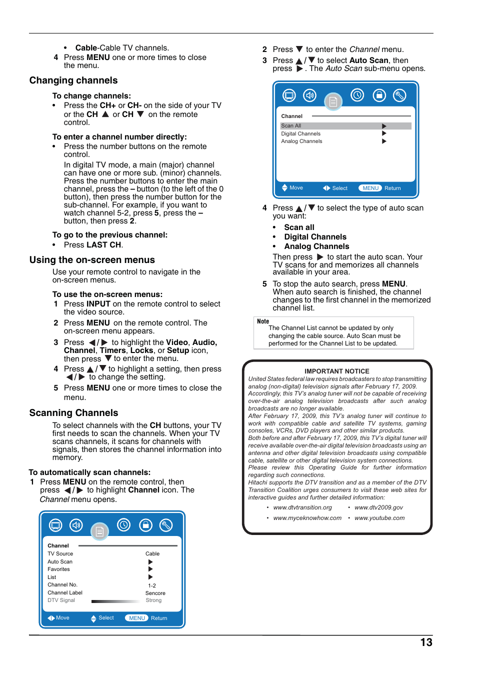Changing channels, Using the on-screen menus, Scanning channels | Hitachi L32A102 User Manual | Page 13 / 30