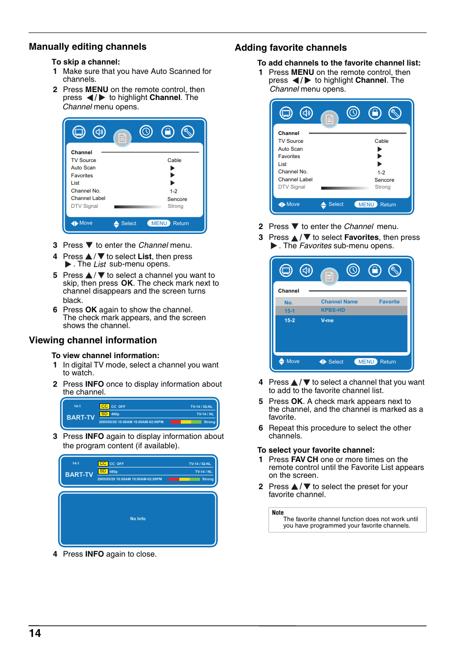 Viewing channel information, Adding favorite channels, Manually editing channels | List, Channel | Hitachi L32A102 User Manual | Page 14 / 30