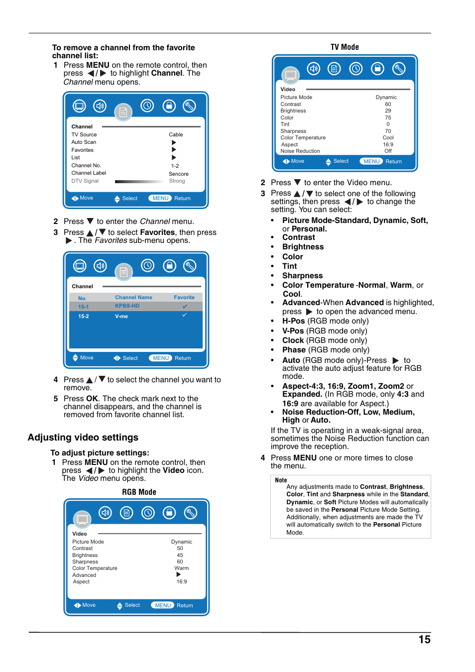 Adjusting video settings | Hitachi L32A102 User Manual | Page 15 / 30