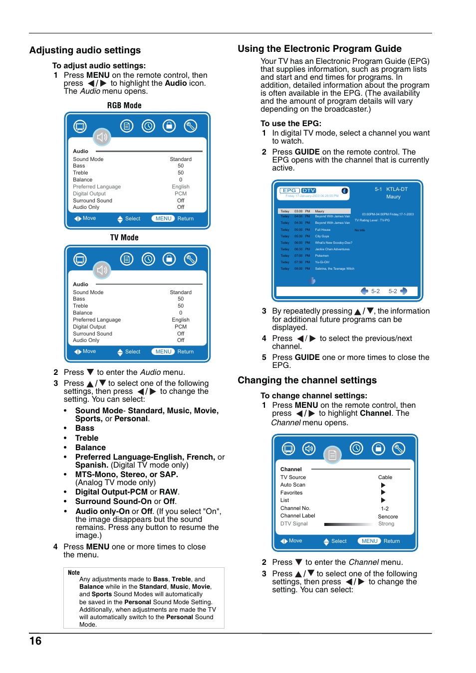 Adjusting audio settings, Using the electronic program guide, Changing the channel settings | Hitachi L32A102 User Manual | Page 16 / 30