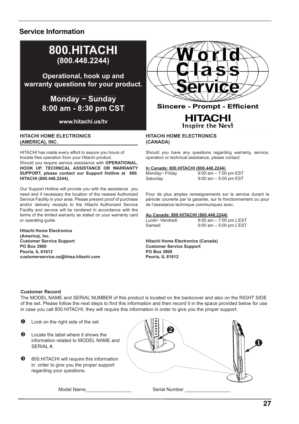 Hitachi t t, 27 service information | Hitachi L32A102 User Manual | Page 27 / 30