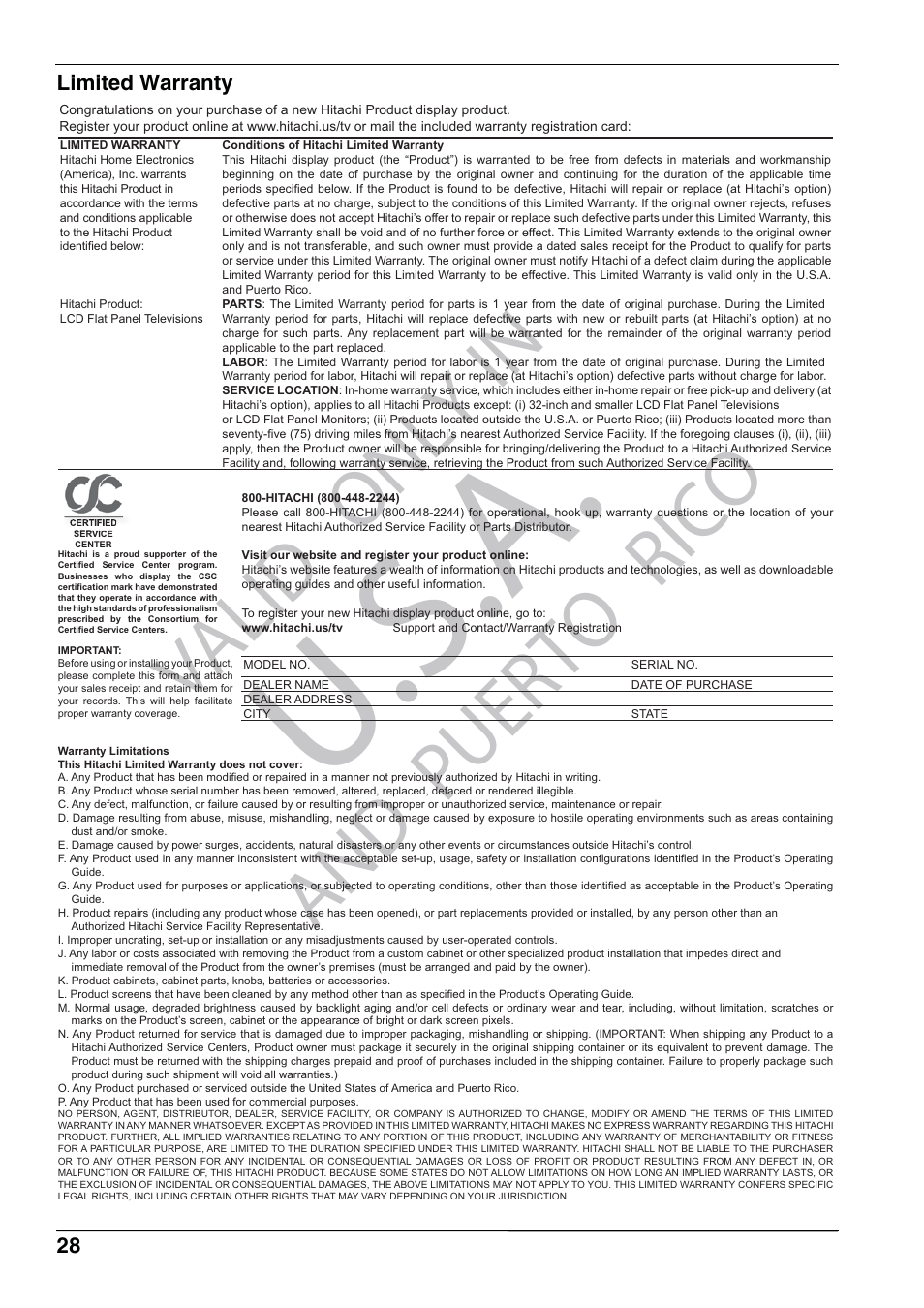 U.s.a, Puerto, Alid | Rico | Hitachi L32A102 User Manual | Page 28 / 30