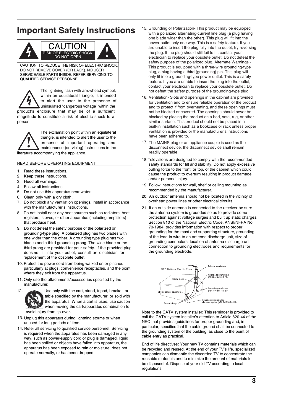 Caution, Important safety instructions | Hitachi L32A102 User Manual | Page 3 / 30