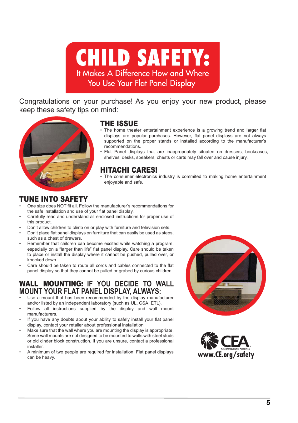 The issue, Hitachi cares, Tune into safety | Hitachi L32A102 User Manual | Page 5 / 30
