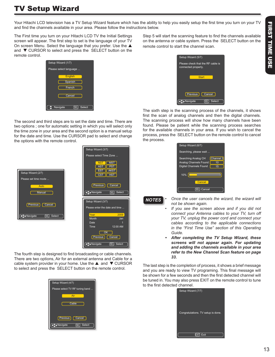 Tv setup wizard, First time use 13 | Hitachi L32A403 User Manual | Page 13 / 51