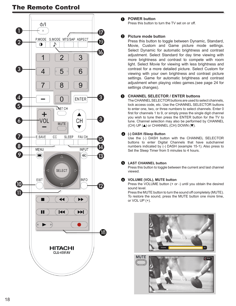 The remote control | Hitachi L32A403 User Manual | Page 18 / 51