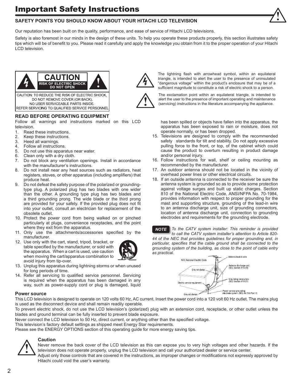 Important safety instructions | Hitachi L32A403 User Manual | Page 2 / 51