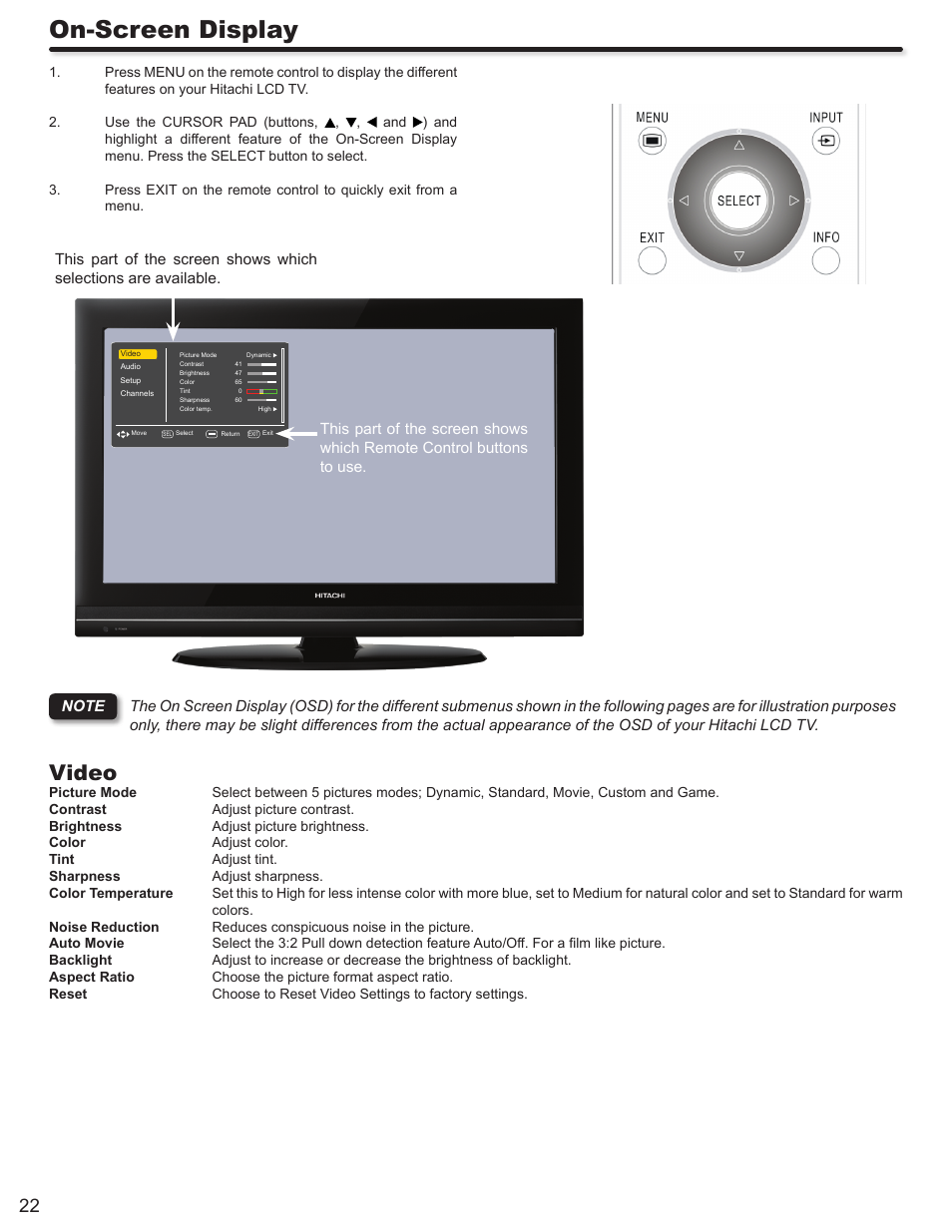 On-screen display, Video | Hitachi L32A403 User Manual | Page 22 / 51