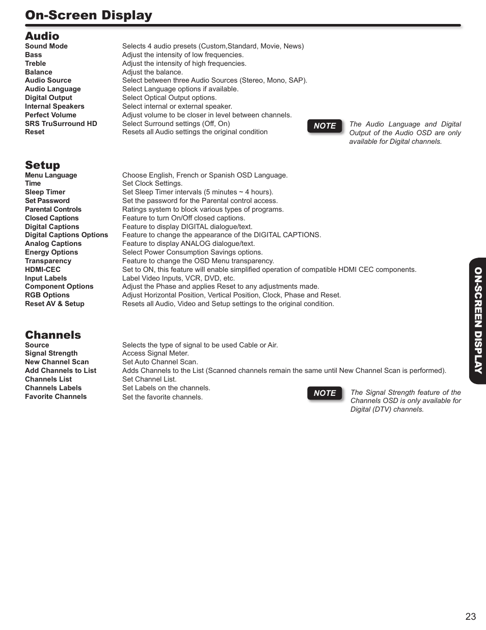On-screen display, Audio, Setup | Channels, 23 on-screen displa y | Hitachi L32A403 User Manual | Page 23 / 51