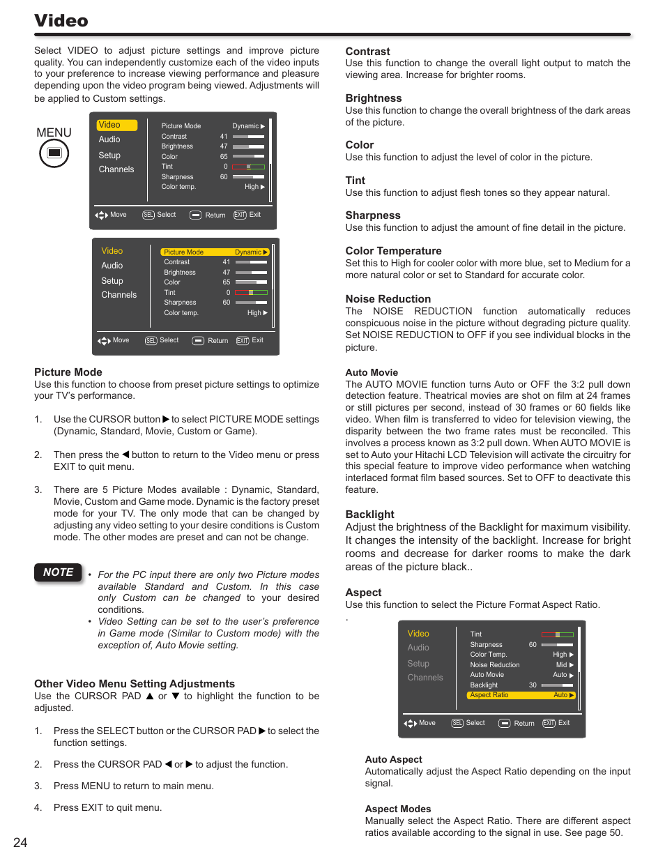Video, Menu | Hitachi L32A403 User Manual | Page 24 / 51