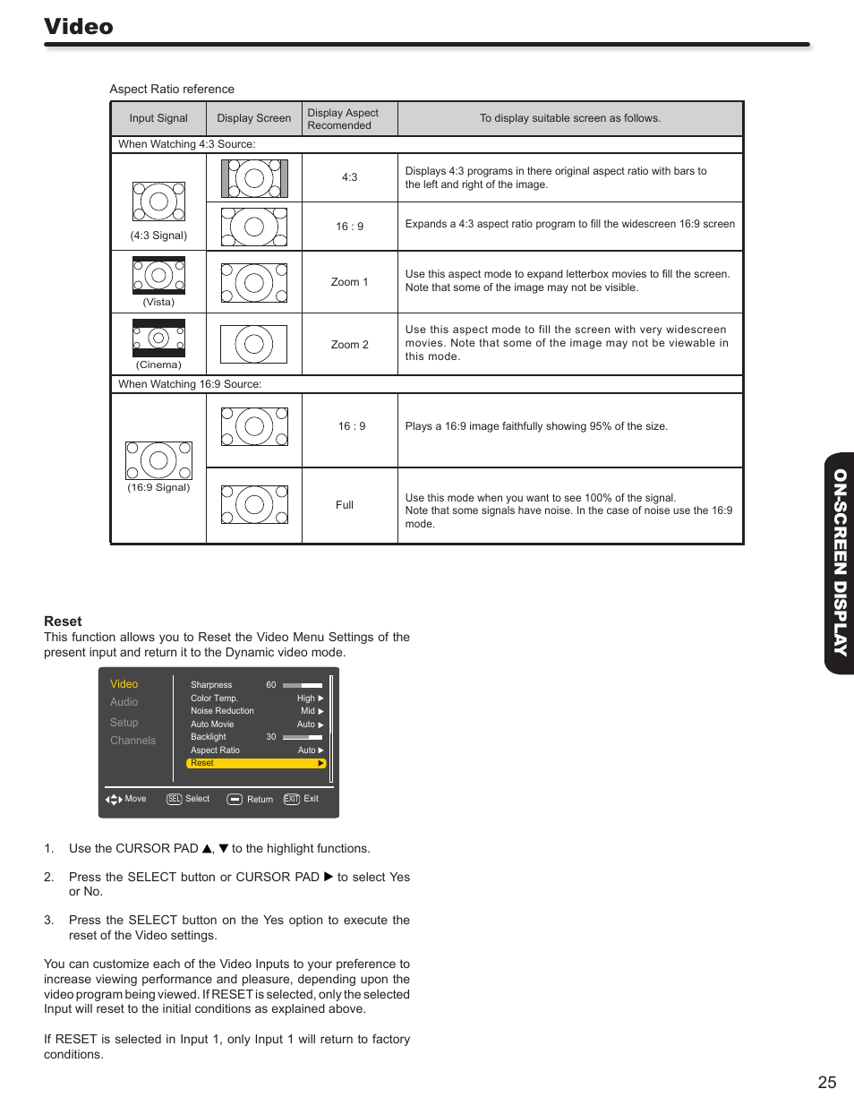Video, 25 on-screen displa y | Hitachi L32A403 User Manual | Page 25 / 51