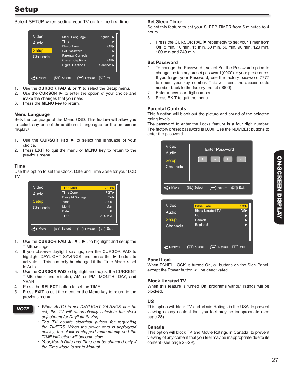 Setup, 27 on-screen displa y | Hitachi L32A403 User Manual | Page 27 / 51