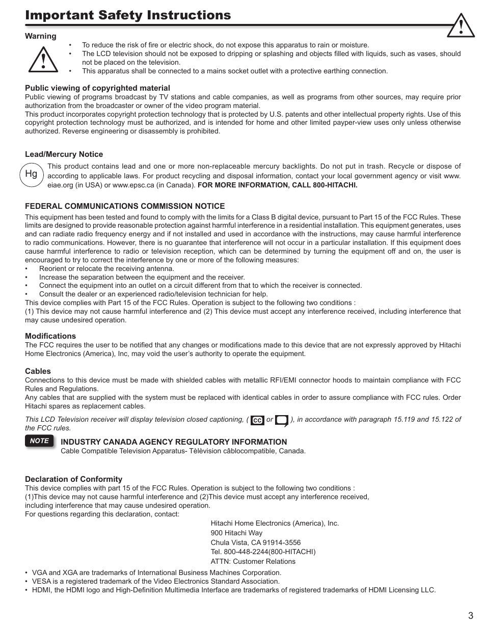 Important safety instructions | Hitachi L32A403 User Manual | Page 3 / 51