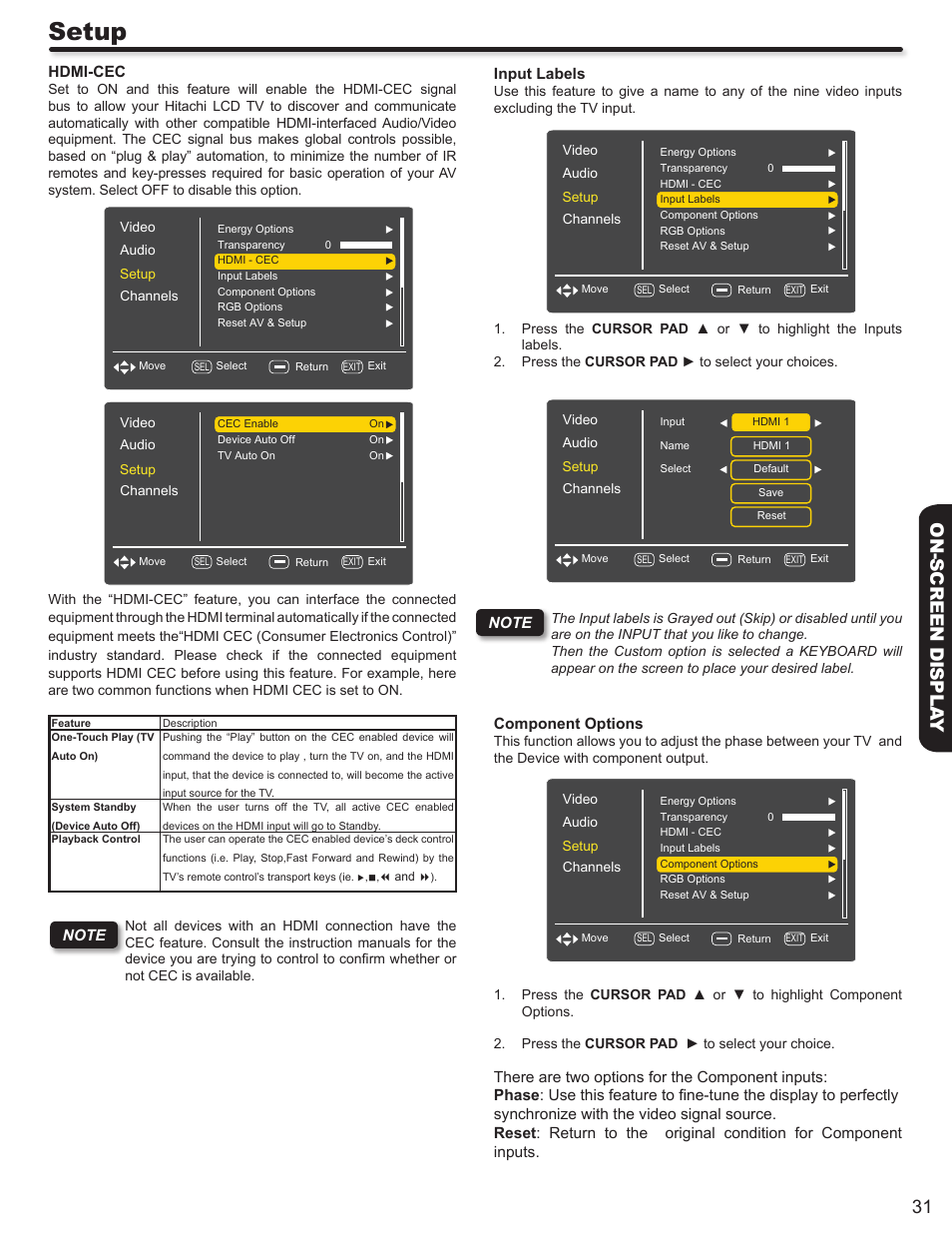Setup, 31 on-screen displa y | Hitachi L32A403 User Manual | Page 31 / 51