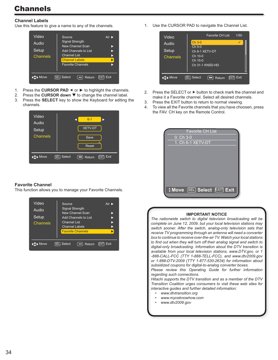 Channels, Move select exit | Hitachi L32A403 User Manual | Page 34 / 51
