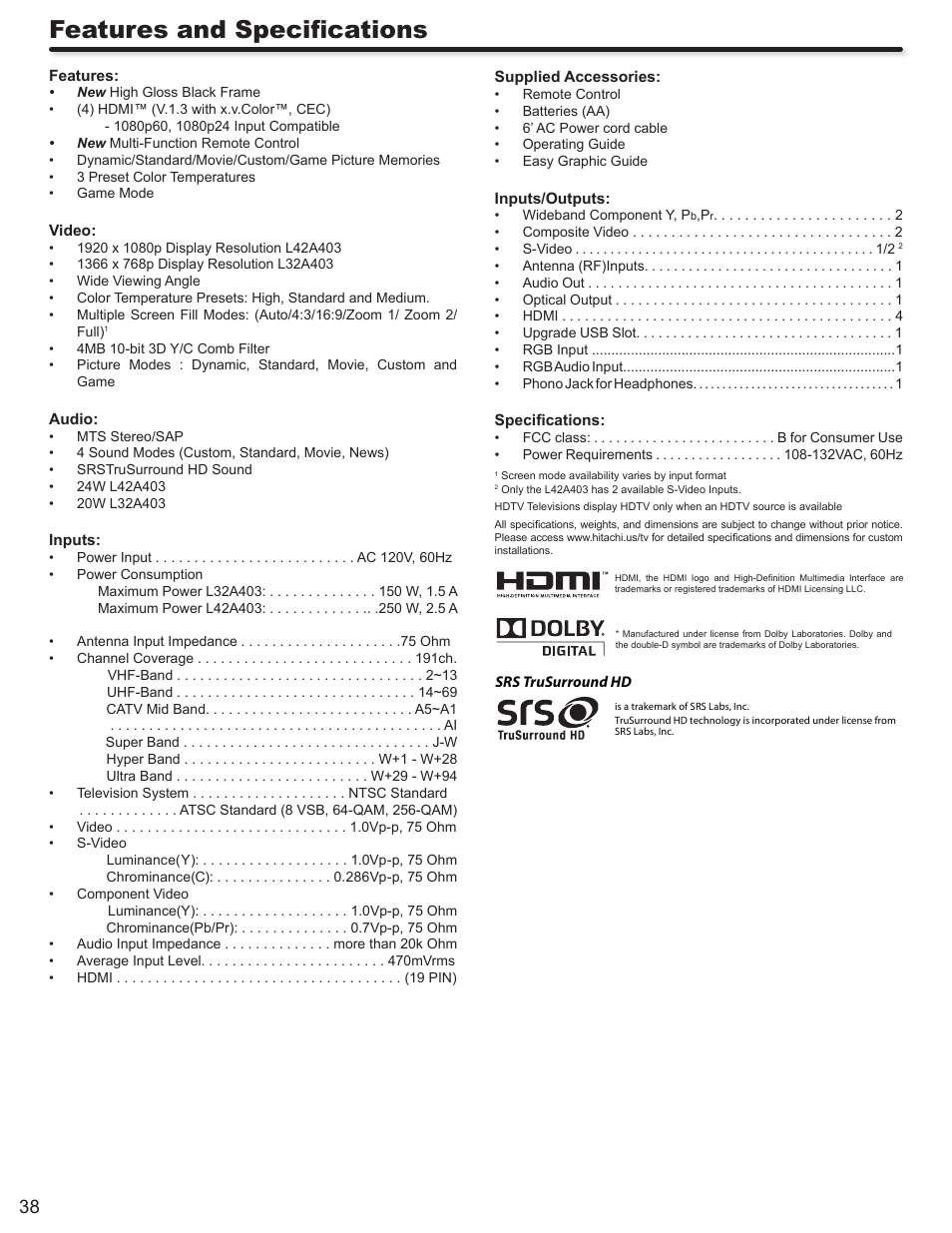 Features and specifications | Hitachi L32A403 User Manual | Page 38 / 51