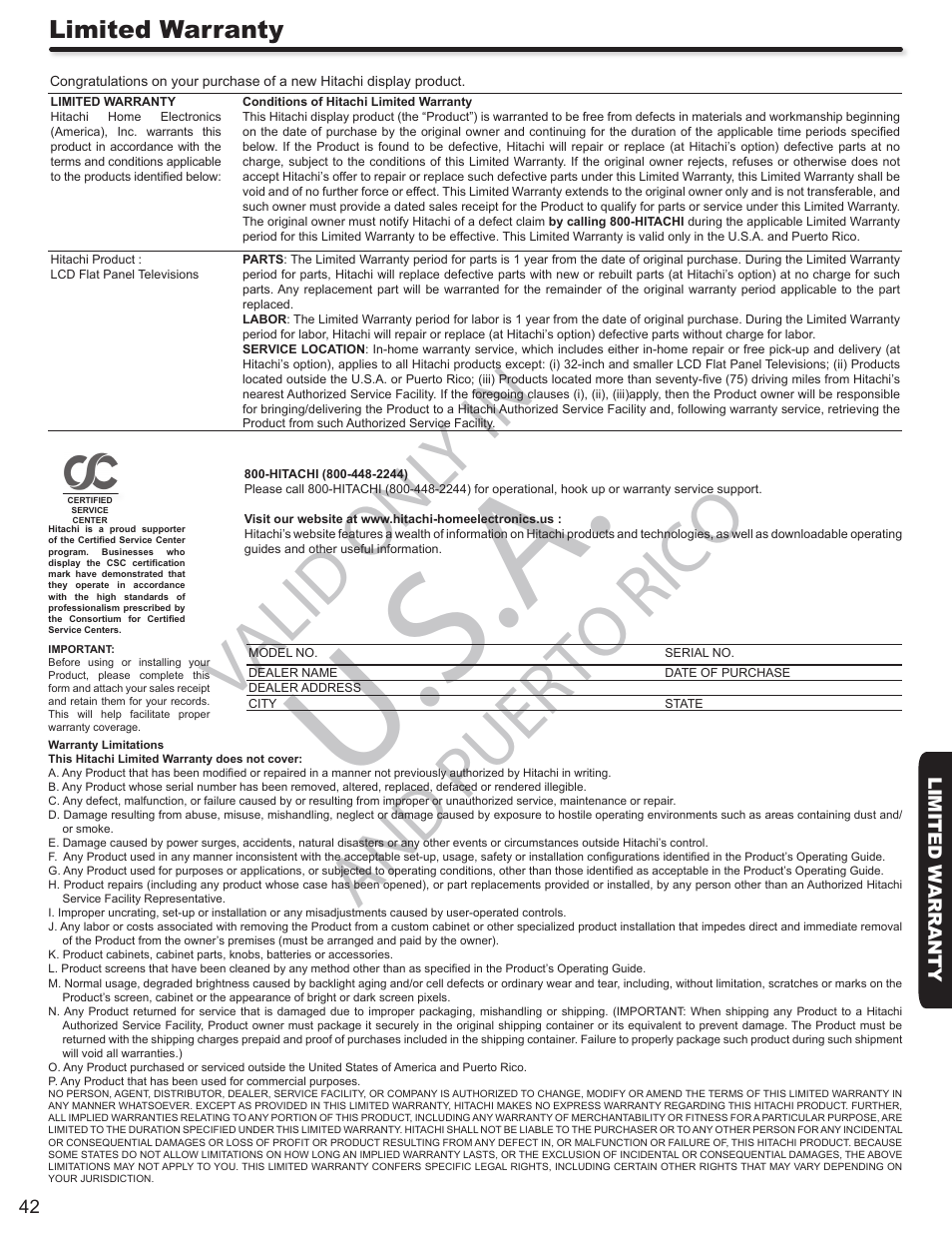 U.s.a, Valid onl y in, And puerto rico | Limited warranty | Hitachi L32A403 User Manual | Page 42 / 51