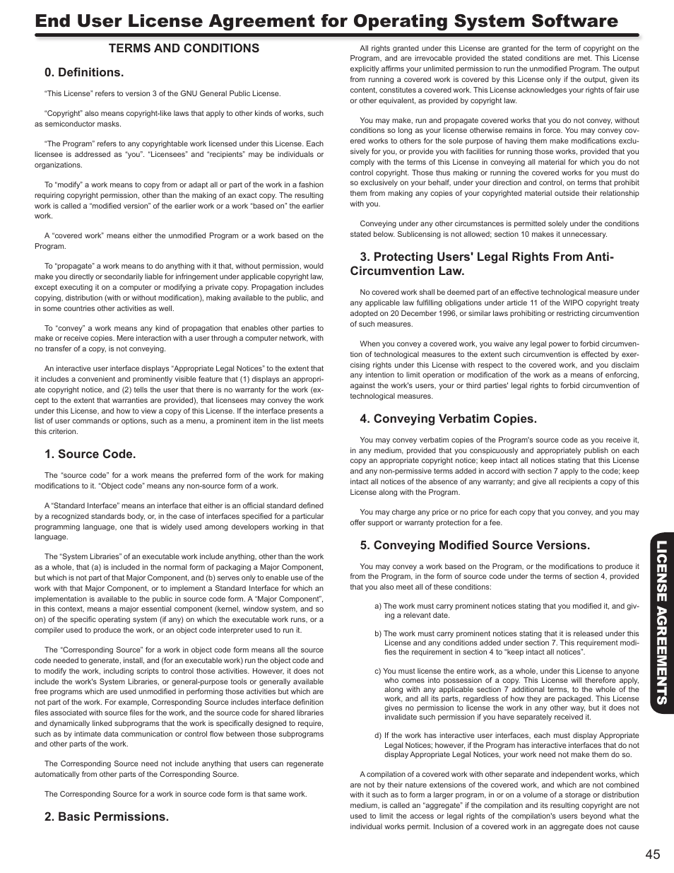 45 license a greements, Terms and conditions 0. definitions, Source code | Basic permissions, Conveying verbatim copies, Conveying modified source versions | Hitachi L32A403 User Manual | Page 45 / 51