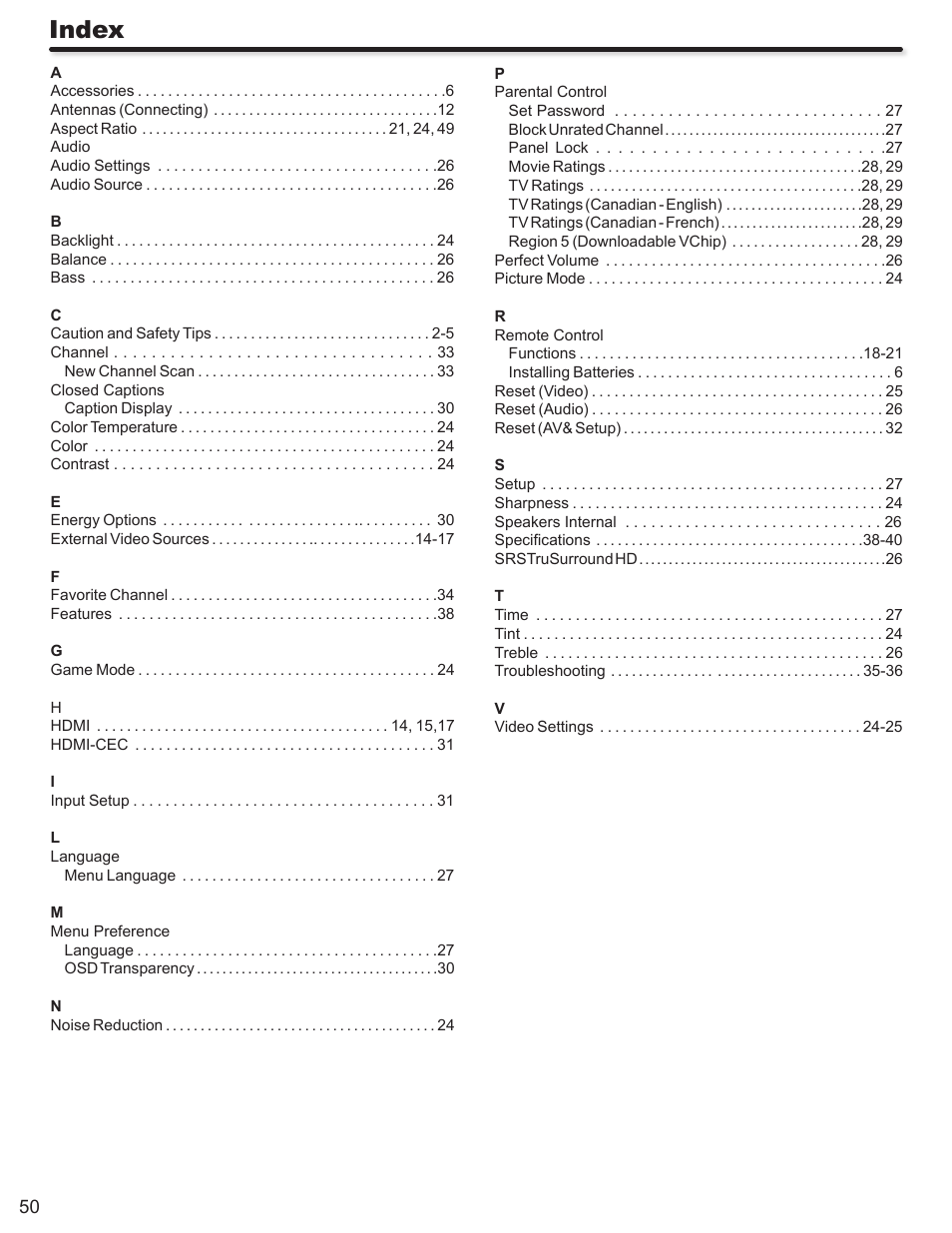 Index | Hitachi L32A403 User Manual | Page 50 / 51