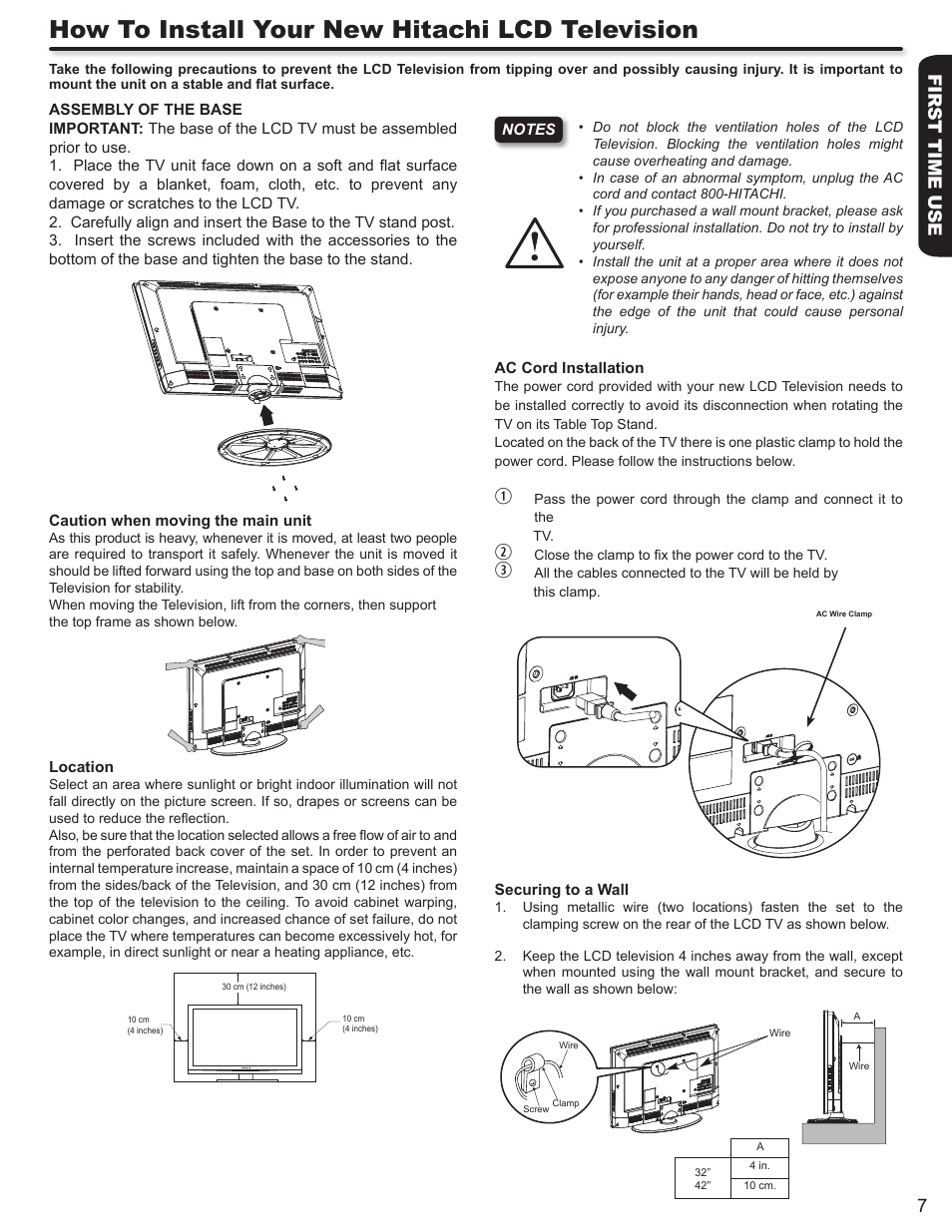 How to install your new hitachi lcd television, First time use 7 | Hitachi L32A403 User Manual | Page 7 / 51