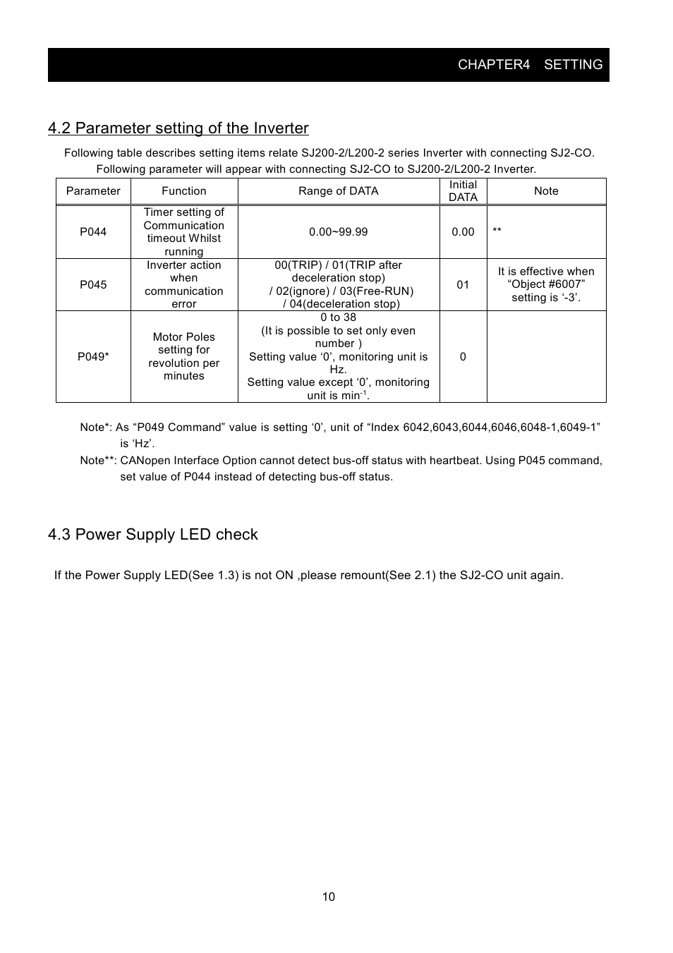2 parameter setting of the inverter, 3 power supply led check, Chapter4 setting | Hitachi SJ2-CO User Manual | Page 14 / 35