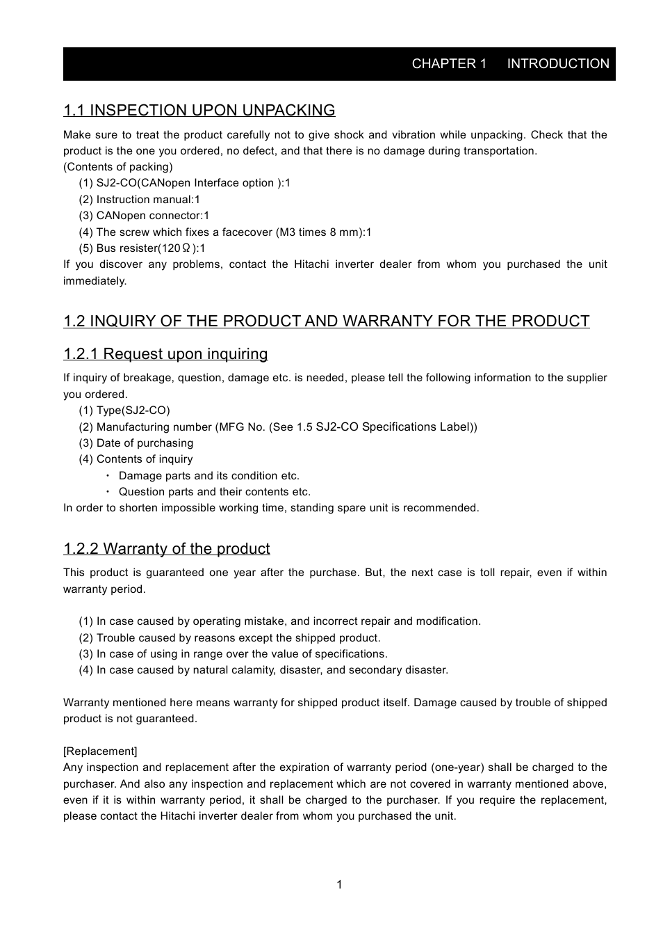 1 inspection upon unpacking, 2 warranty of the product | Hitachi SJ2-CO User Manual | Page 5 / 35