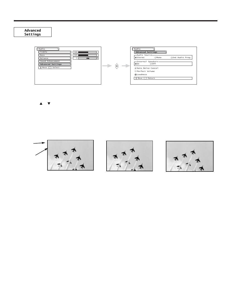 Audio, Audio selected audio broadcast | Hitachi 57UWX20B  EU User Manual | Page 41 / 64