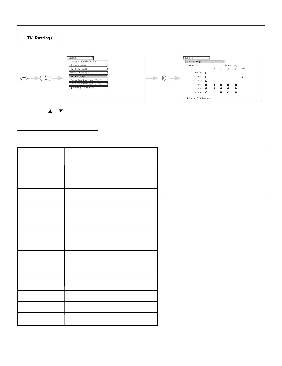 Locks, Tv-y tv-y7 tv-g tv-pg tv-14 tv-ma | Hitachi 57UWX20B  EU User Manual | Page 46 / 64