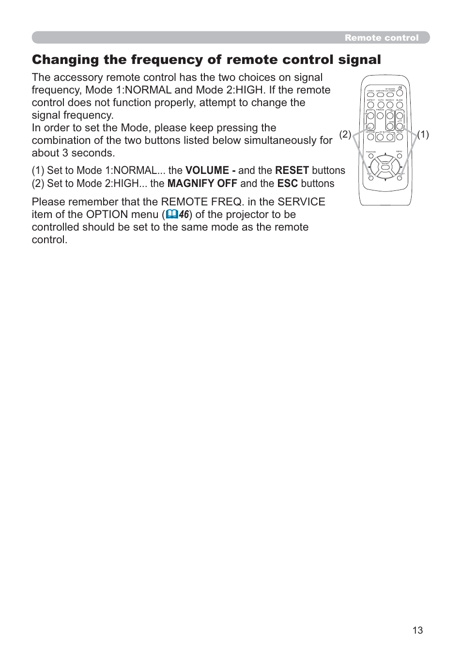 Changing the frequency of remote control signal, Remote control | Hitachi CP-D10 User Manual | Page 13 / 65
