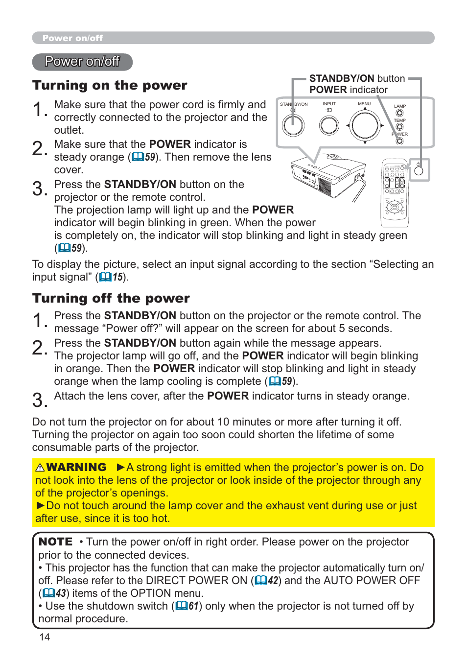 Turning on the power, Power on/off, Turning off the power | Standby/on button power indicator | Hitachi CP-D10 User Manual | Page 14 / 65