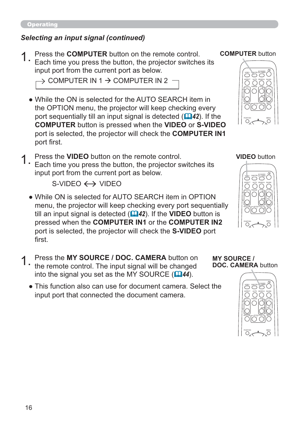 Video button, My source / doc. camera button, Computer button | Operating | Hitachi CP-D10 User Manual | Page 16 / 65