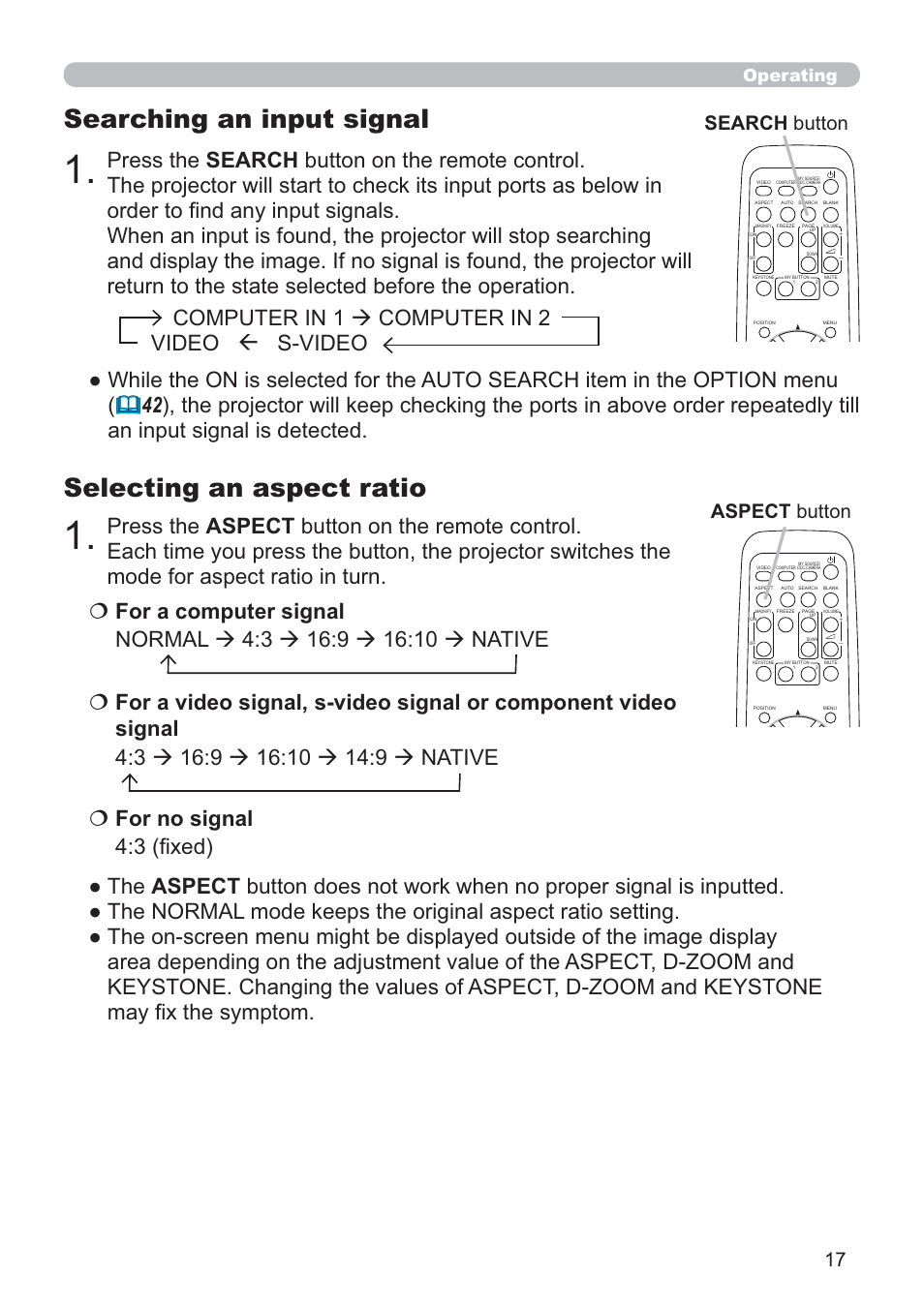 Selecting an aspect ratio, Searching an input signal, Computer in 1 computer in 2 video s-video | Search button aspect button, Operating | Hitachi CP-D10 User Manual | Page 17 / 65