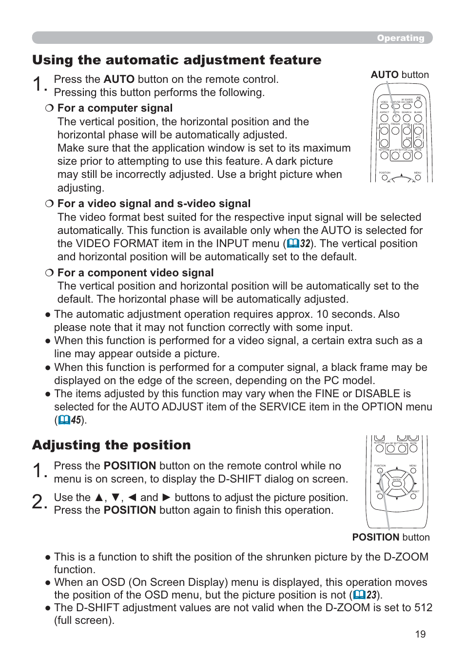 Adjusting the position, Using the automatic adjustment feature, Auto button | Position button, Operating | Hitachi CP-D10 User Manual | Page 19 / 65