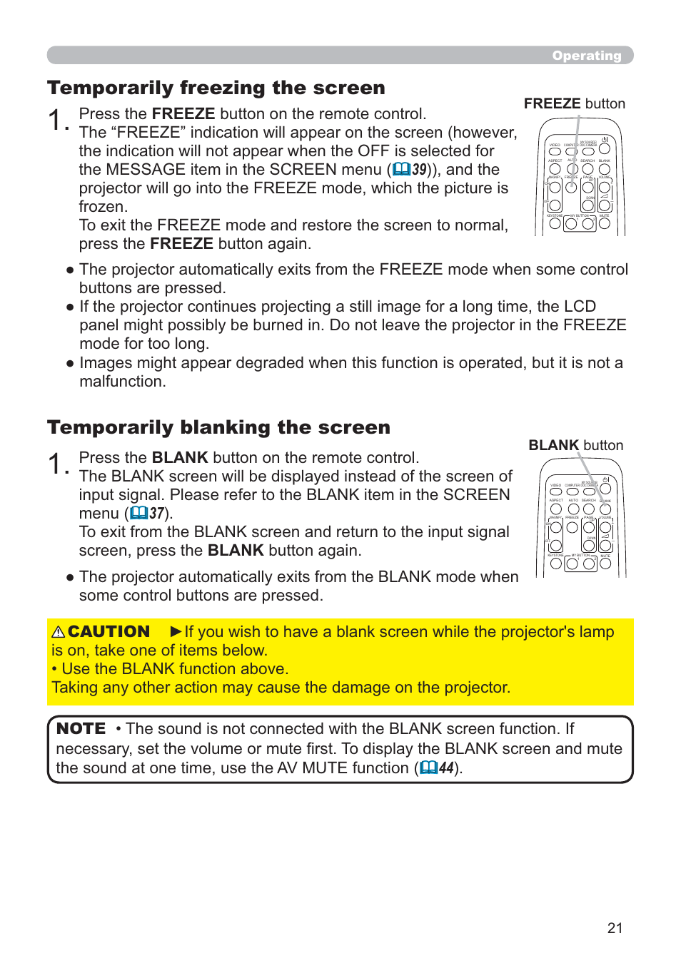 Temporarily blanking the screen, Temporarily freezing the screen, Freeze button | Blank button, Operating | Hitachi CP-D10 User Manual | Page 21 / 65