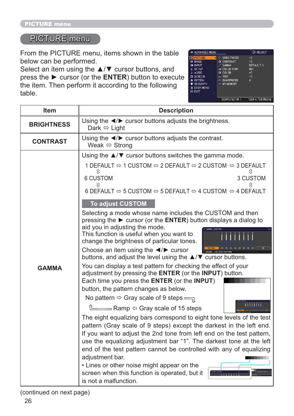 Picture menu | Hitachi CP-D10 User Manual | Page 26 / 65