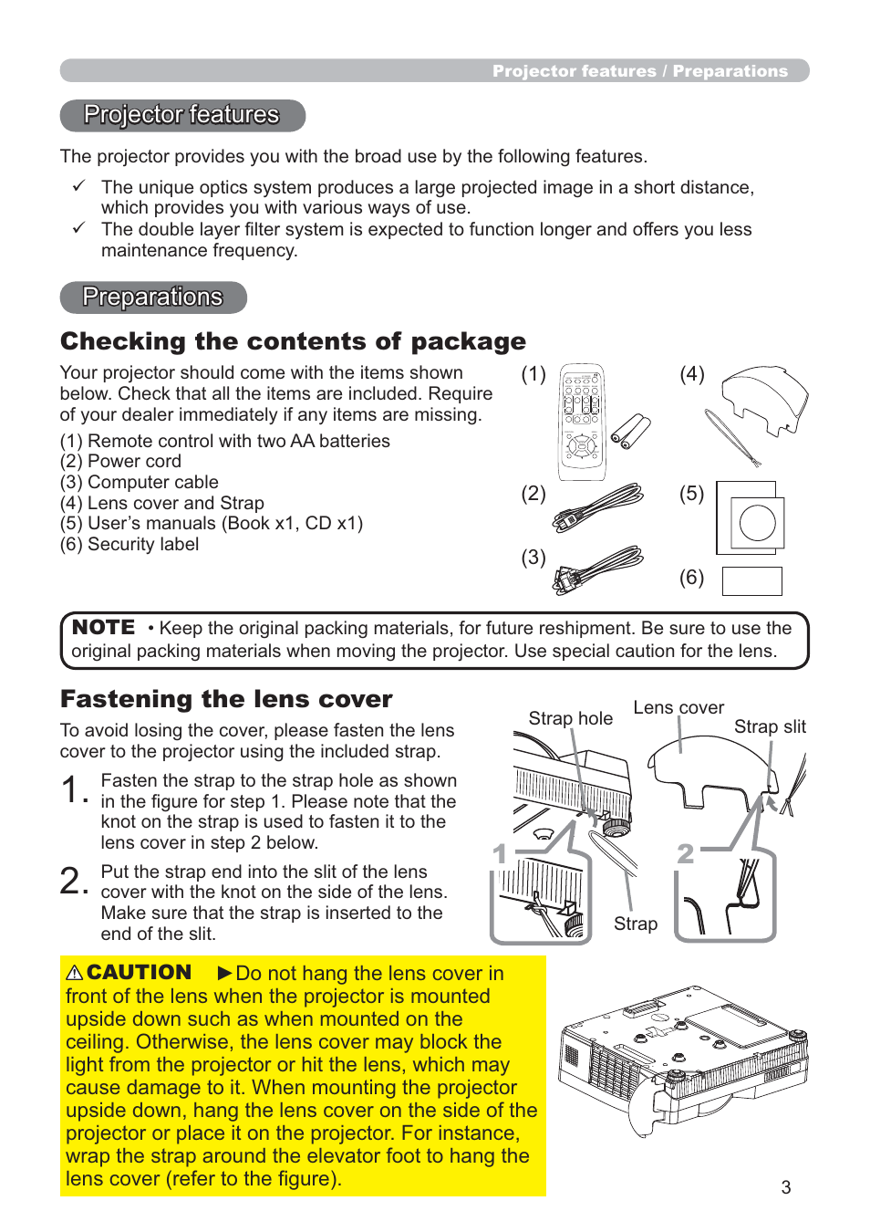 Projector features, Preparations checking the contents of package, Fastening the lens cover | Hitachi CP-D10 User Manual | Page 3 / 65