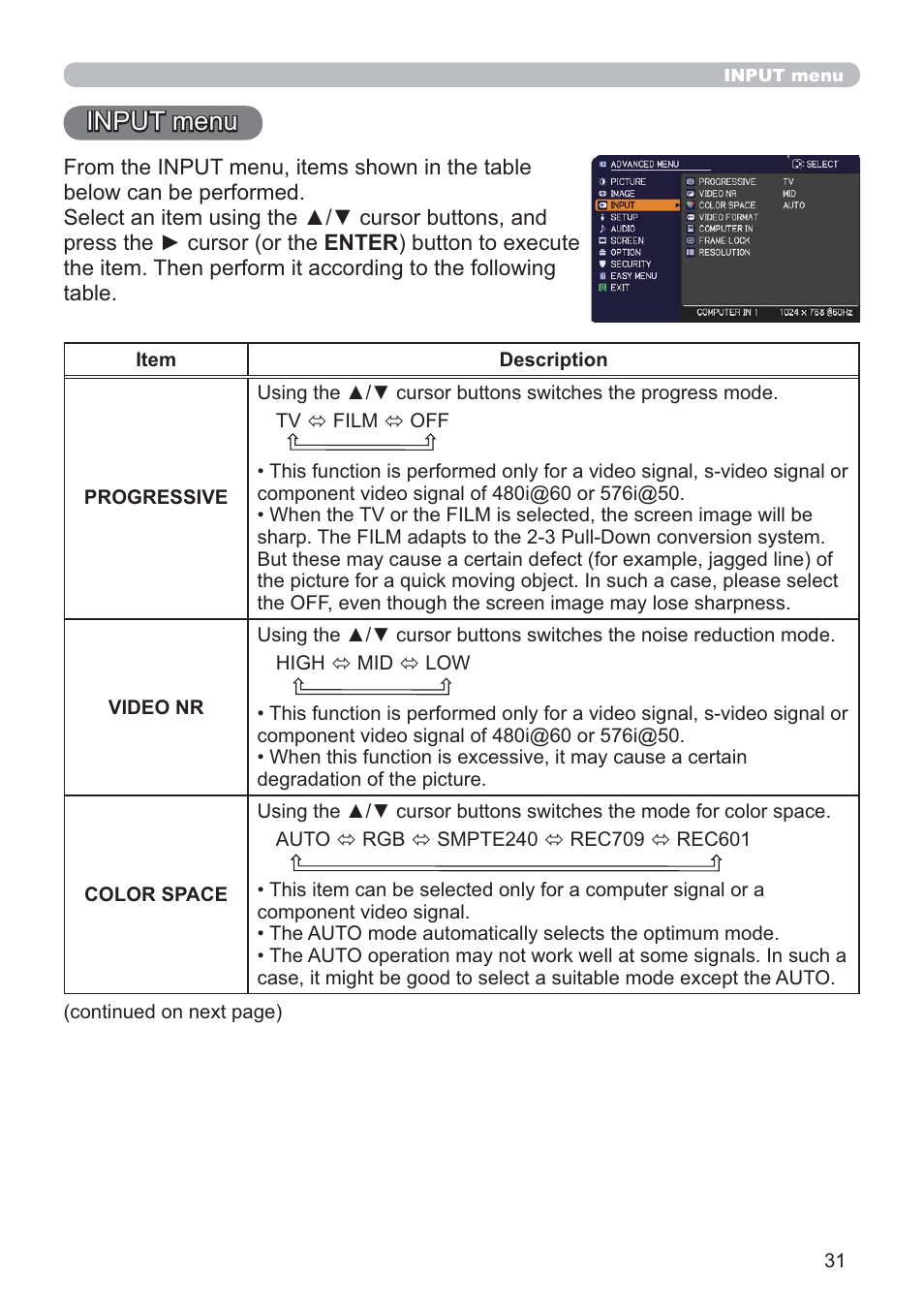 Input menu | Hitachi CP-D10 User Manual | Page 31 / 65